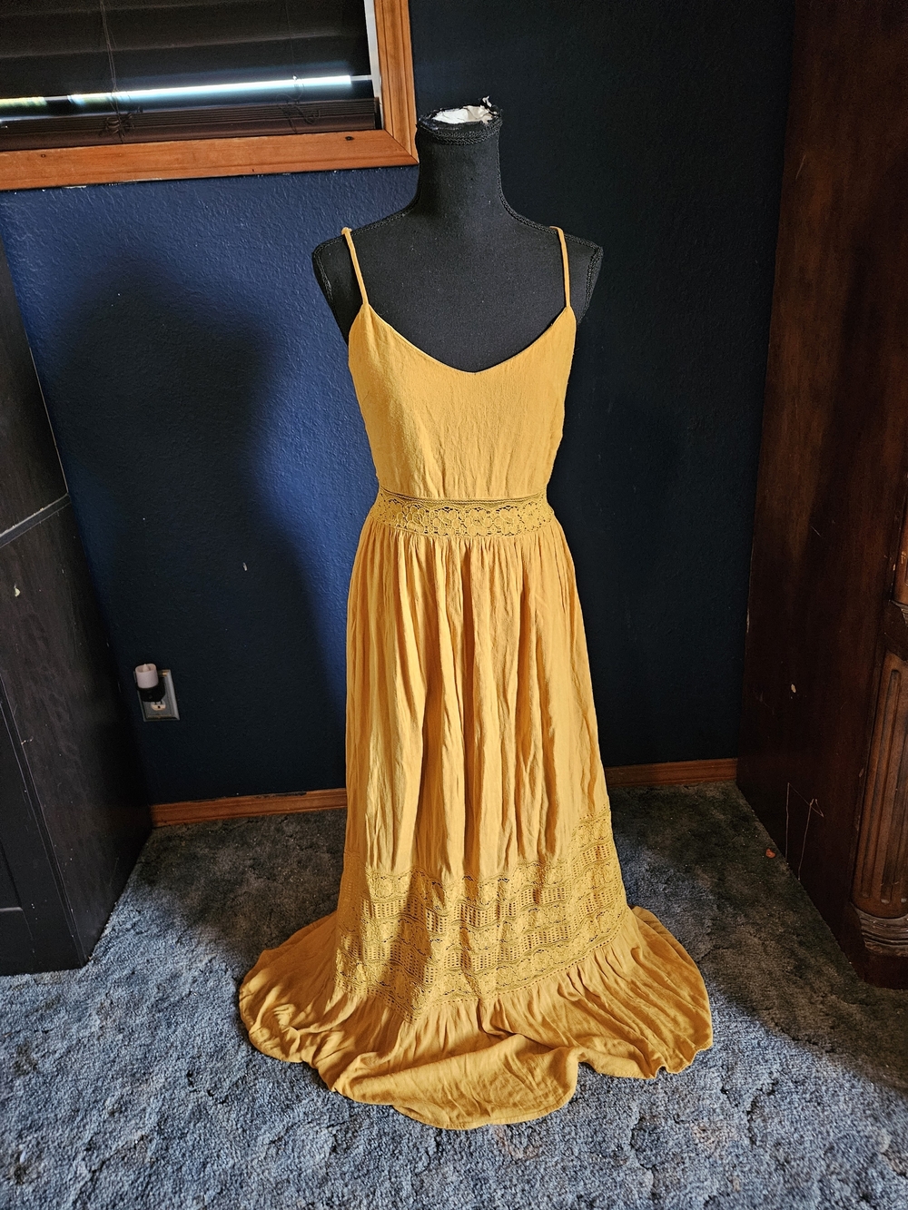 SHEIN Mustard Yellow Spaghetti-Strap Maxi Dress with Crochet Waist